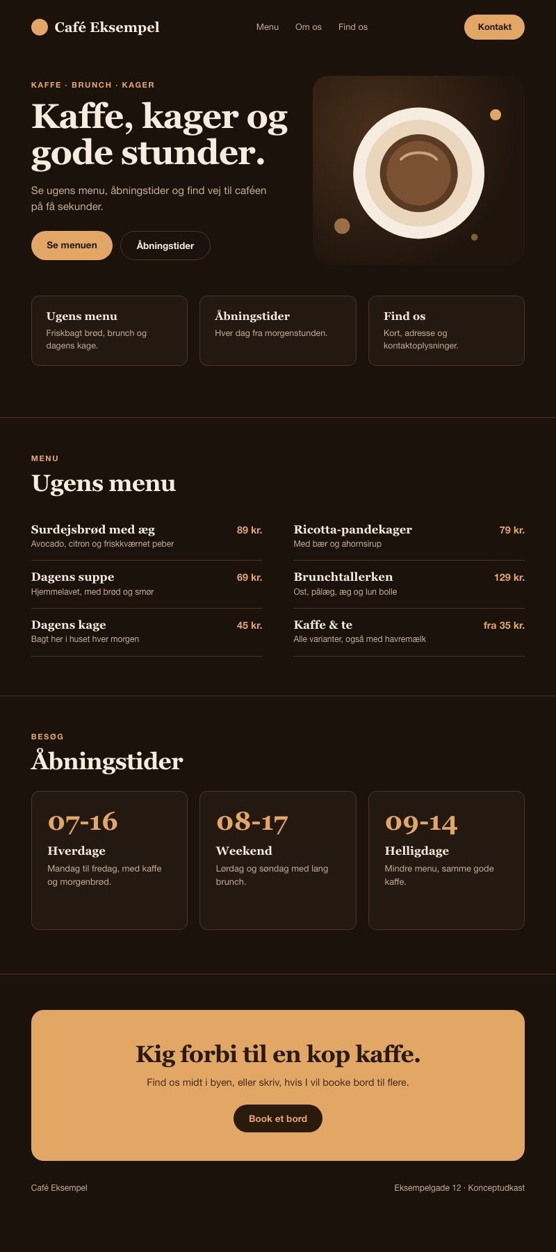 Konceptudkast af en café-hjemmeside: forside, ugens menu, åbningstider og kontakt