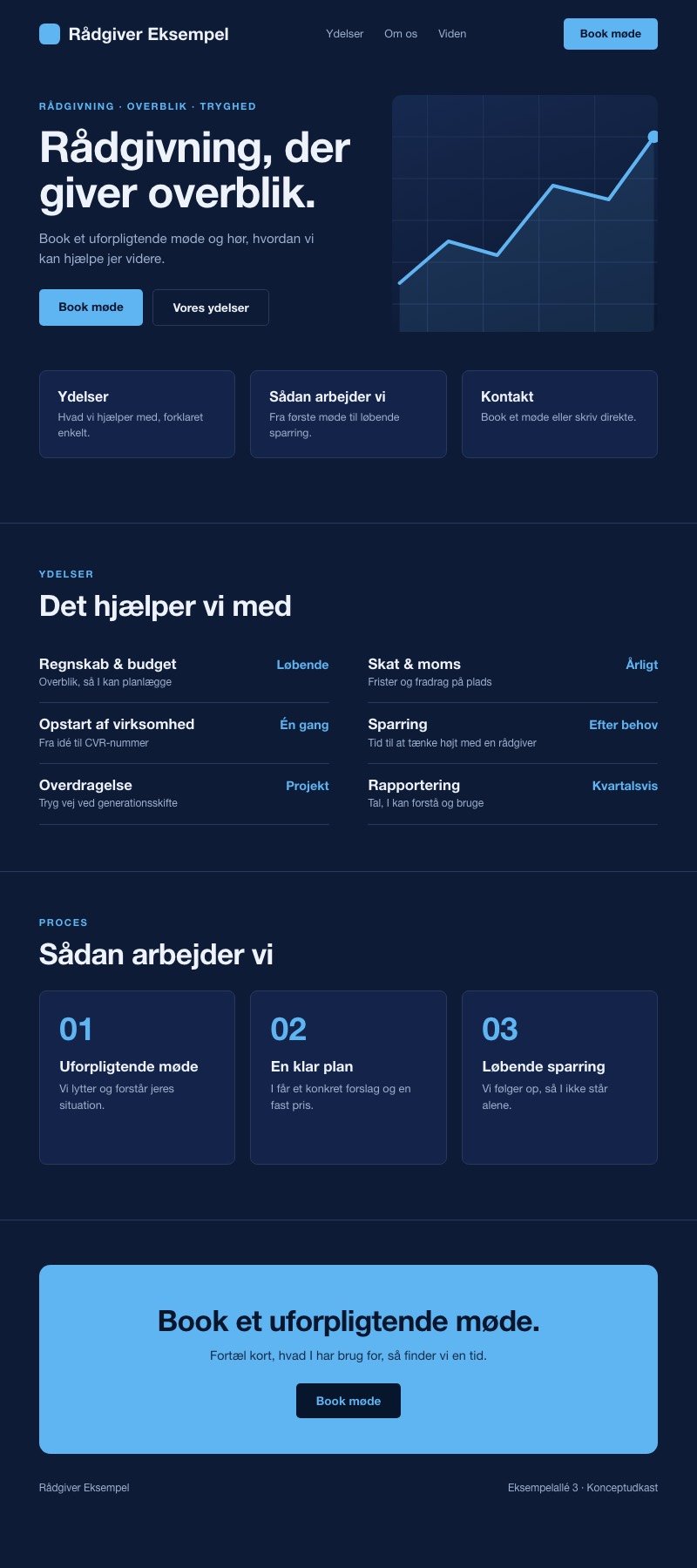 Konceptudkast af en rådgiver-hjemmeside: forside, ydelser, arbejdsgang og mødebooking