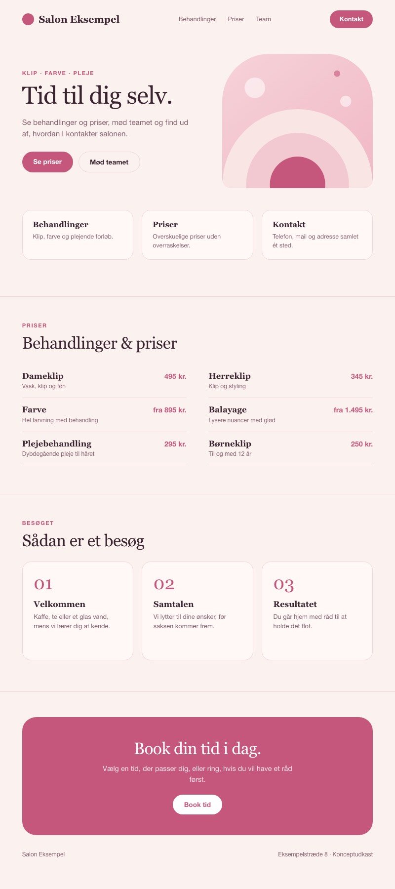 Konceptudkast af en salon-hjemmeside: forside, behandlinger og priser, besøget og booking